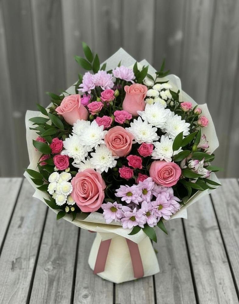 Букет цветов из: Альстромерии, Гвоздики, Розы и Хризантемы в Масловой