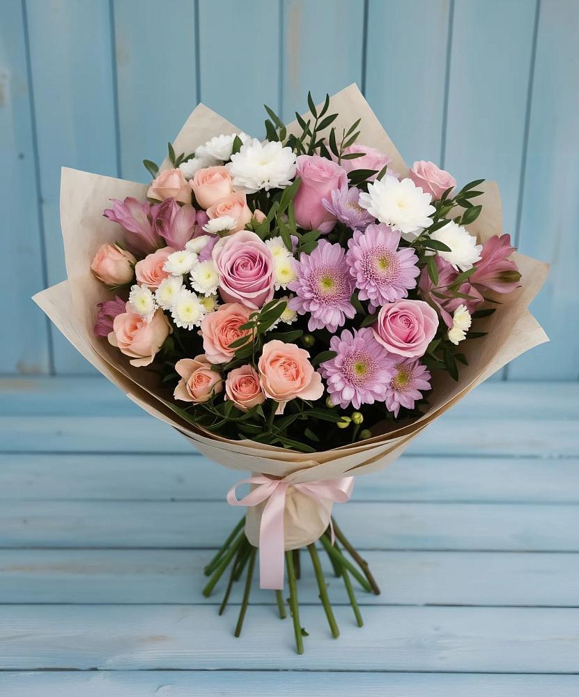 Букет цветов из: Хризантемы, Розы и Альстромерии в Масловой
