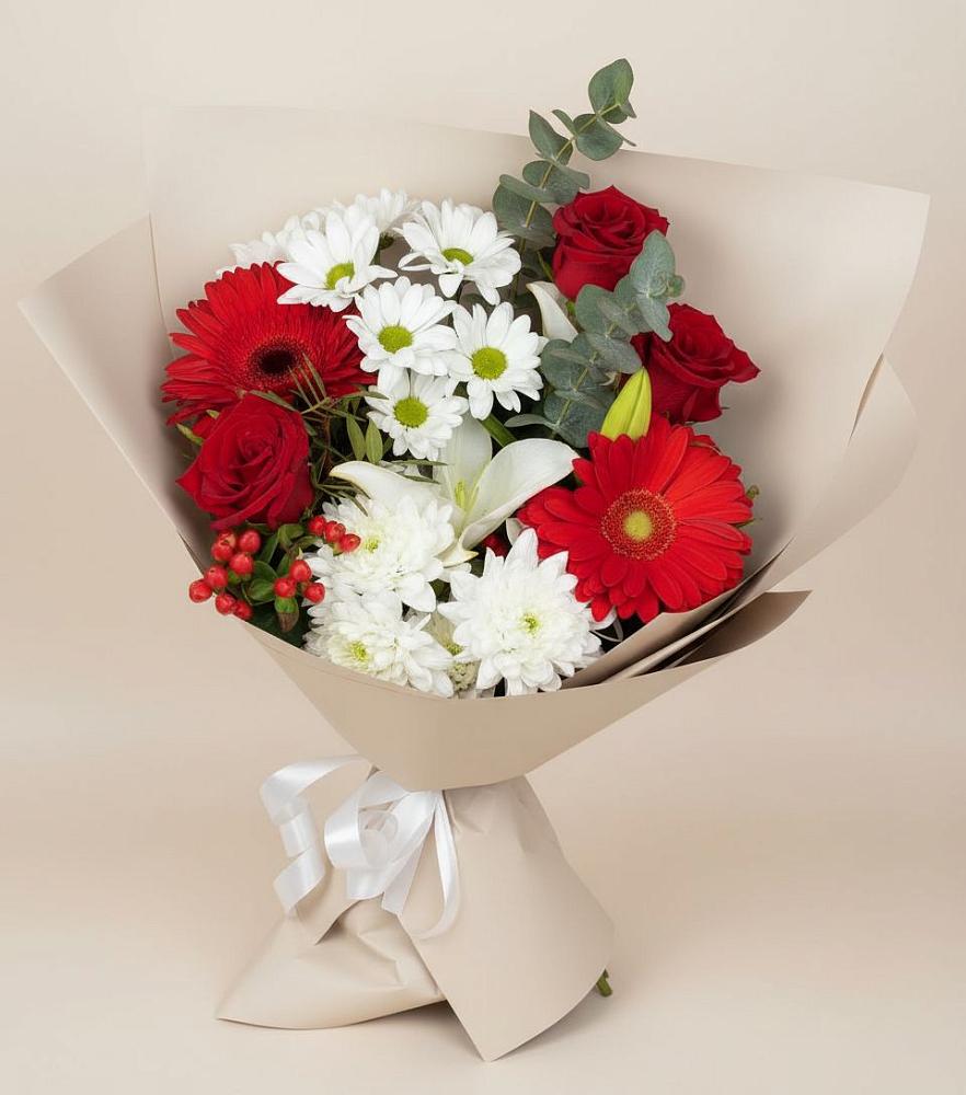 Букет цветов из: Розы, Хризантемы, Герберы и Лилии в Масловой